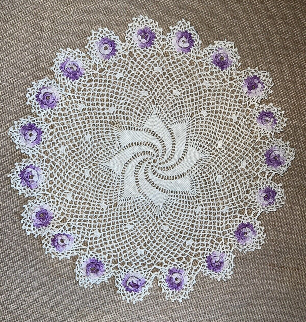 Vintage Large 13 inch Hand Crocheted Doily with Flowers